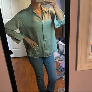 Sage green button satin blouse